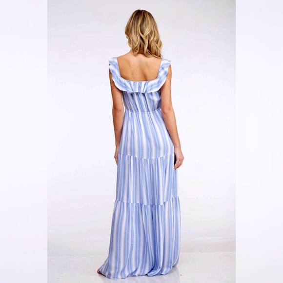 1 L LEFT Blue White Striped Button Down Ruffled Maxi Dress - Picture 9 of 11